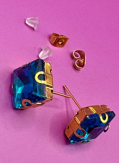 Elegant Blue Gemstone Earrings | Gold Tone square Studs Gift for Her | Timeless Fashion Jewellery
