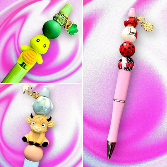 Handcrafted Colourful Black Ballpoint Pens | Unique Beaded Writing Pens | Cute Stationery Gifts for Students & Writers turtle cow ladybirds
Elevate your writing experience with our handcrafted colorful black ballpoint pens! Each pen is uniquely designed with vibrant highland cow, turtle and ladybird beads and charming embellishments including added charms, making them perfect for students, writers, and stationery enthusiasts alike.