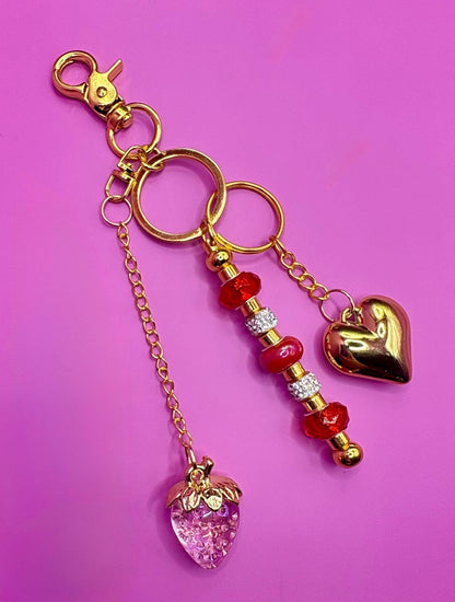 beaded keyring bag charm heart pendant and strawberry pendant red beads standout sparkly bead heart