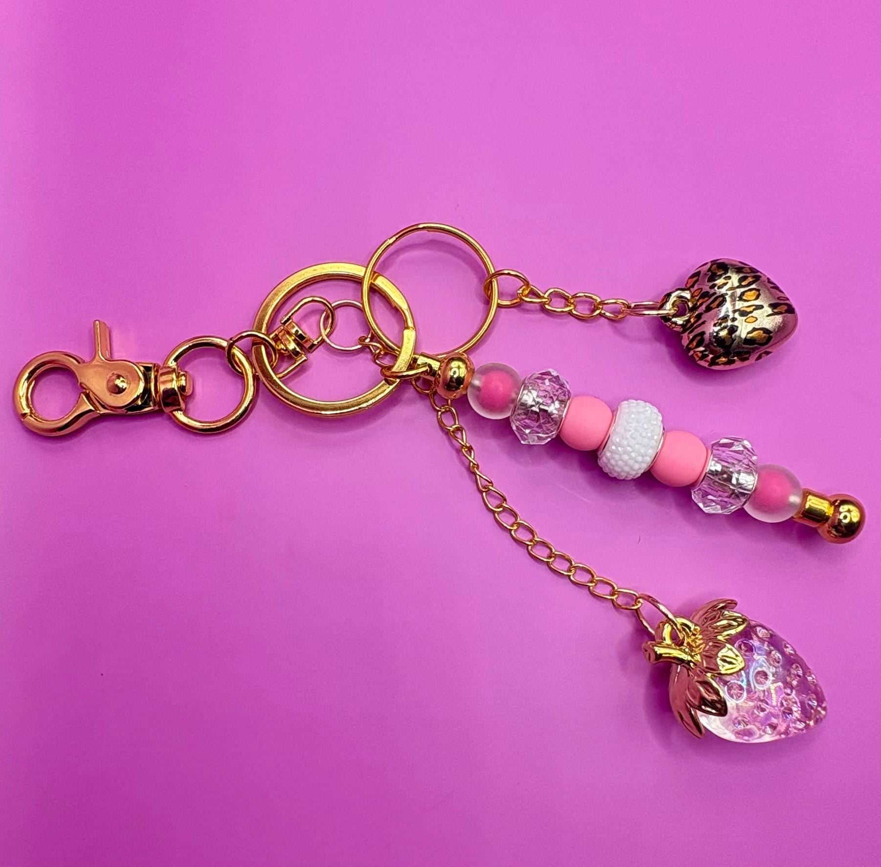 beaded keyring keychain leopard heart pendant and strawberry pendant pink beads