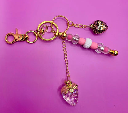 beaded keyring keychain leopard heart pendant and strawberry pendant pink beads