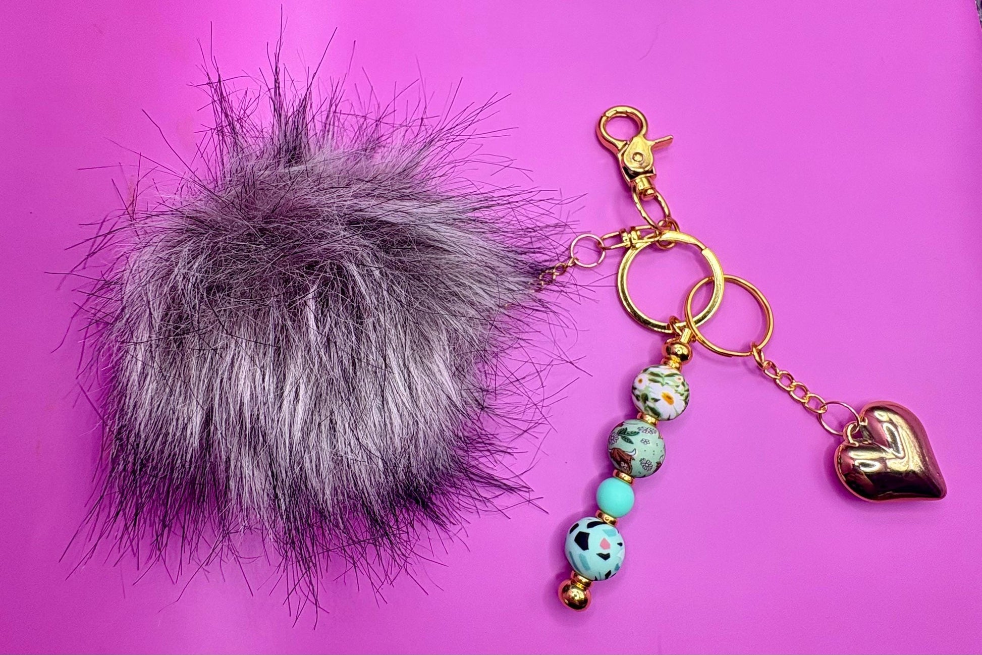 keychain bag charm pendant and fluffy ball cute key pendant - highland cow patterned bead