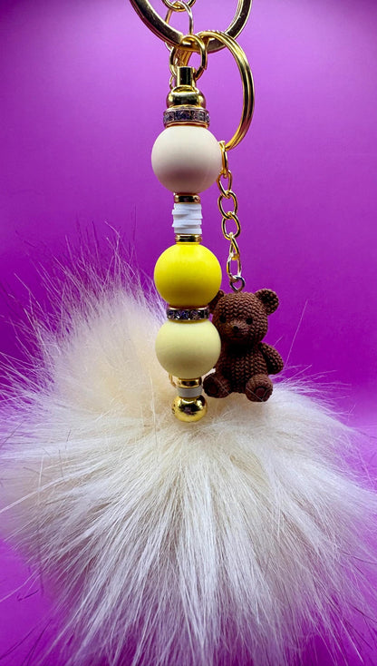 beaded keyring keychain with pendant and fluffy ball cute key pendant - yellow beads teddy bear