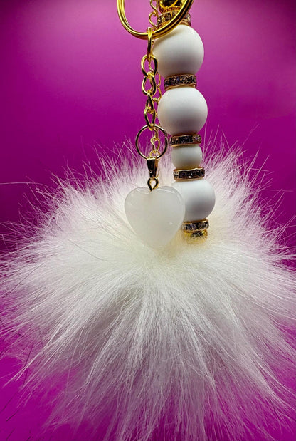 beaded keychain bag charm white beads with gold sparkly spacers heart pendant and fluffy ball