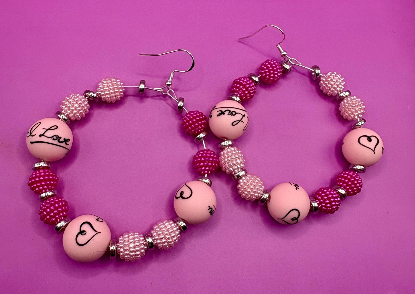 Handmade beaded hoop earrings- I love you heart silver large hoops summer festival earrings