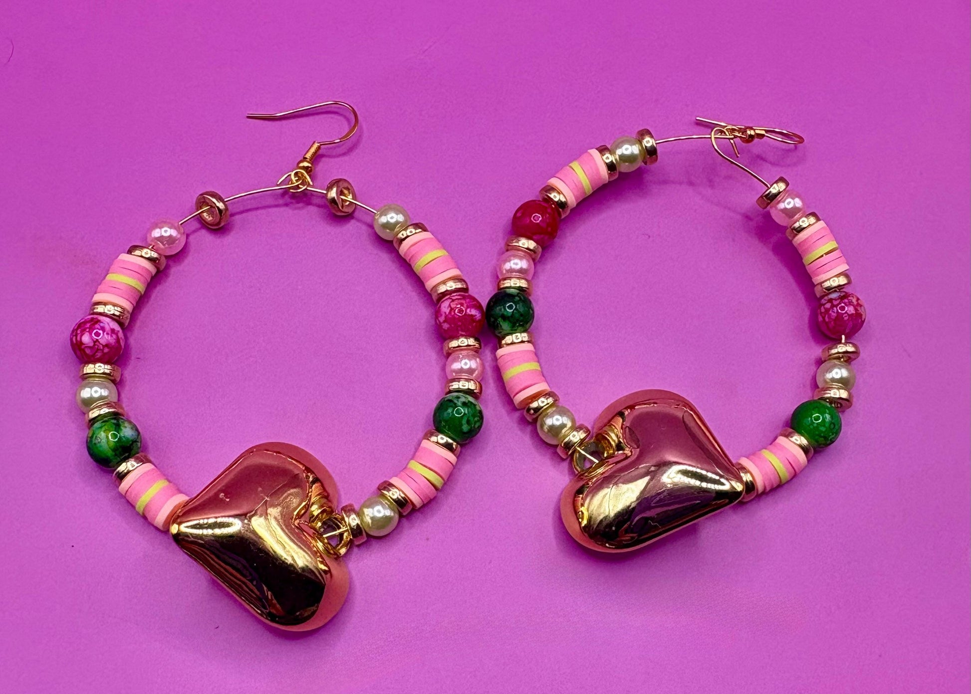 Handmade beaded hoop earrings- pink green gold heart pendant large hoops clay beads marble beads gold spacers unique summer earrings