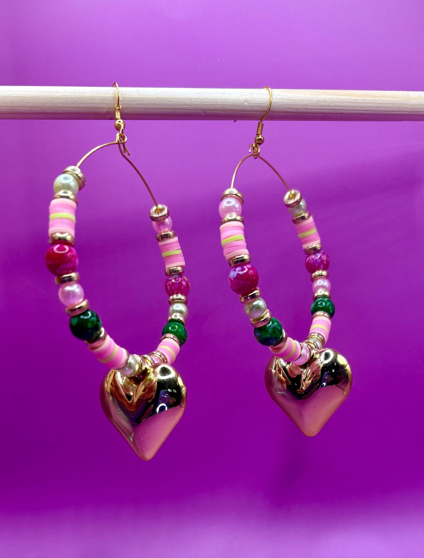 Handmade beaded hoop earrings- pink green gold heart pendant large hoops clay beads marble beads gold spacers unique summer earrings