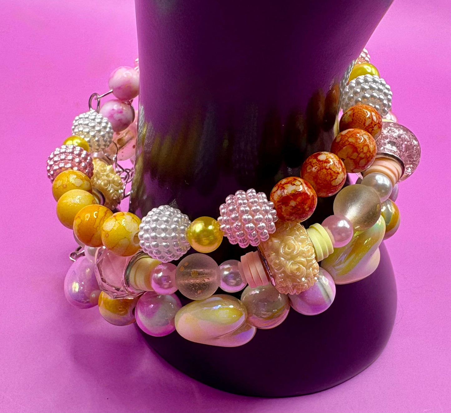 handmade beaded charm bracelets stacks spring edition- love hearts pastel memory wire magnetic closing friendship girlfriend wife for her