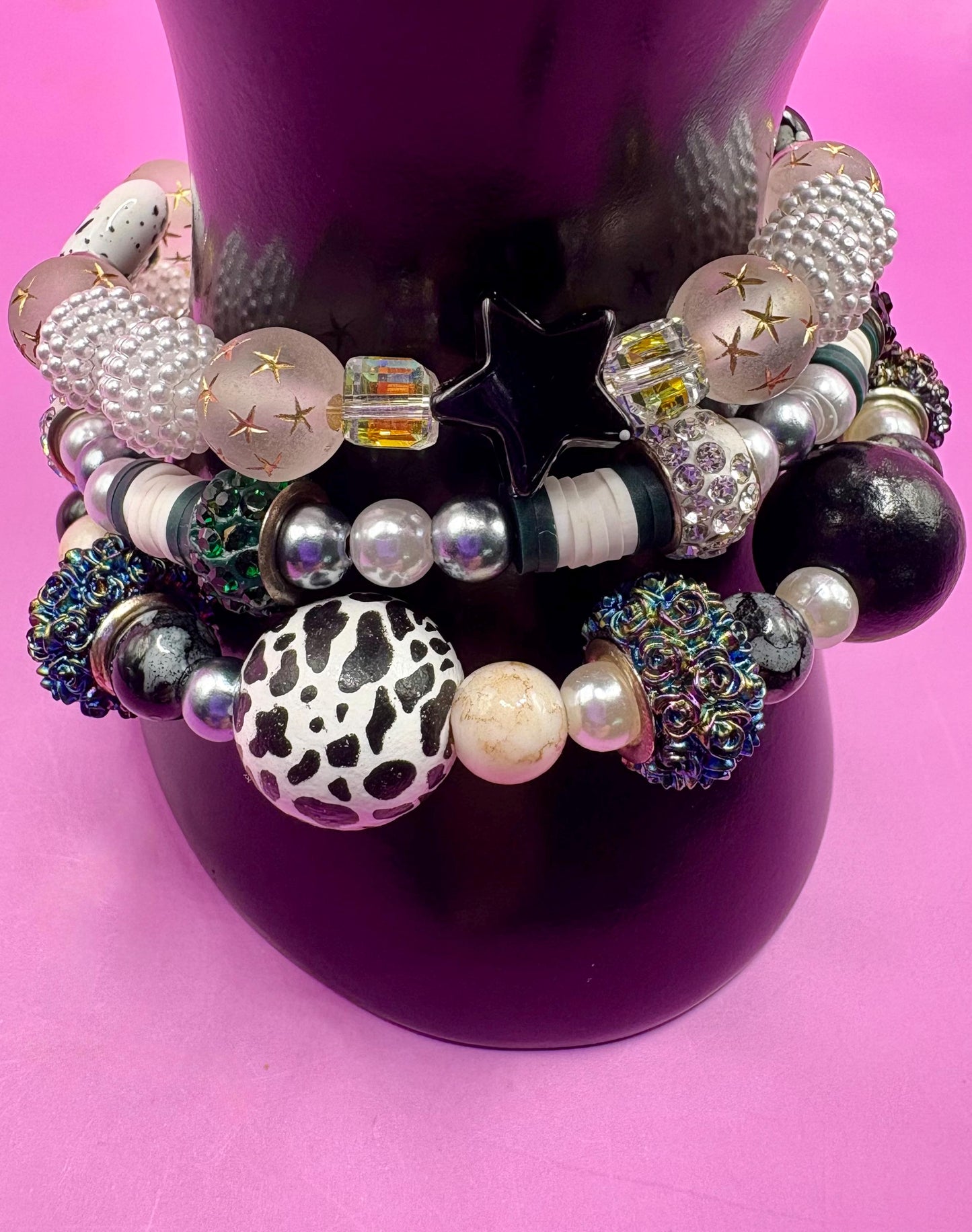 handmade beaded charm bracelets stacks black and white edition- zebra print memory wire magnetic closing friendship girlfriend wife for her