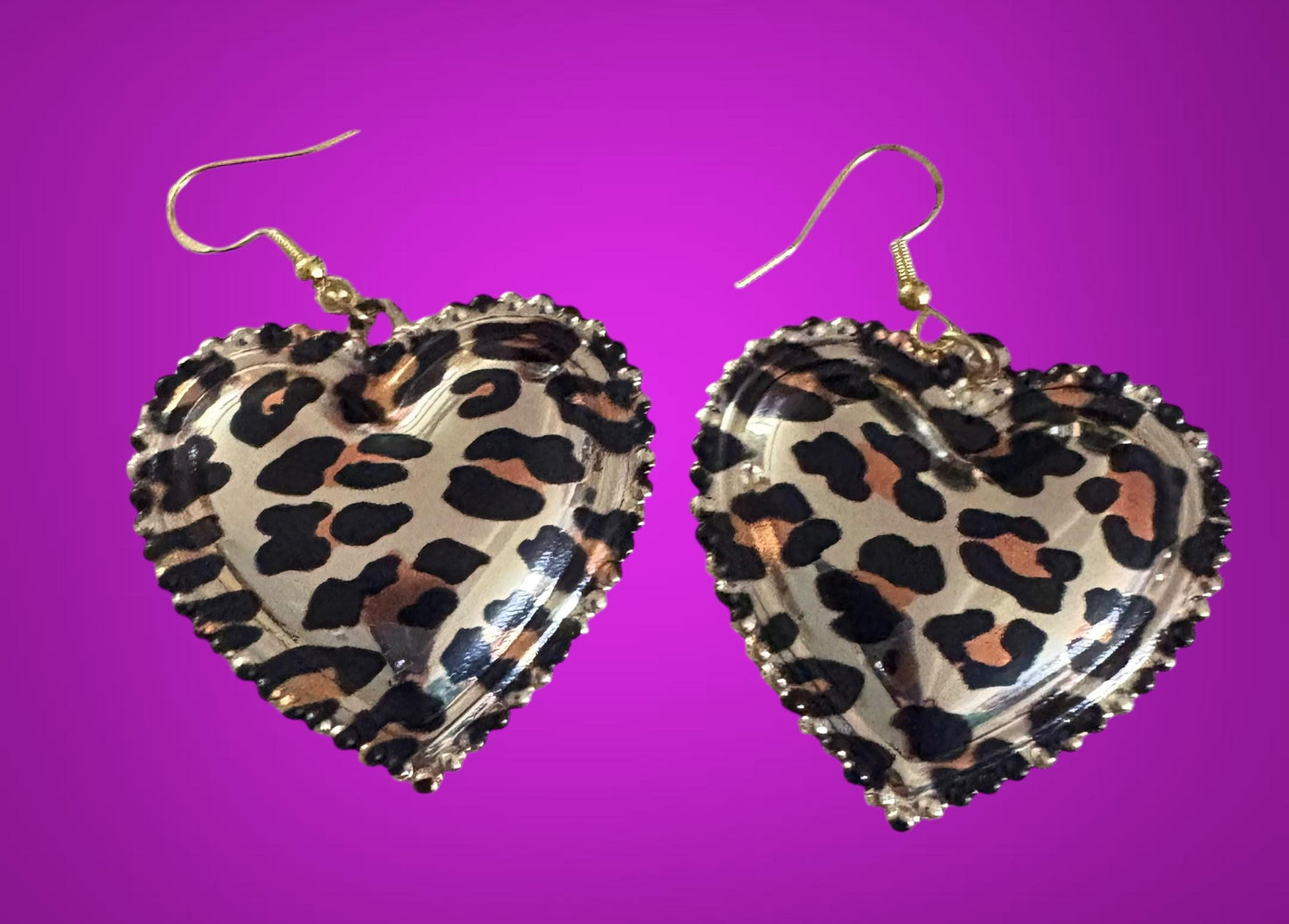 Heart pendant leopard print drop dangly earrings with gold. Large heart leopard dangly unique handmade earrings drop length 5cm