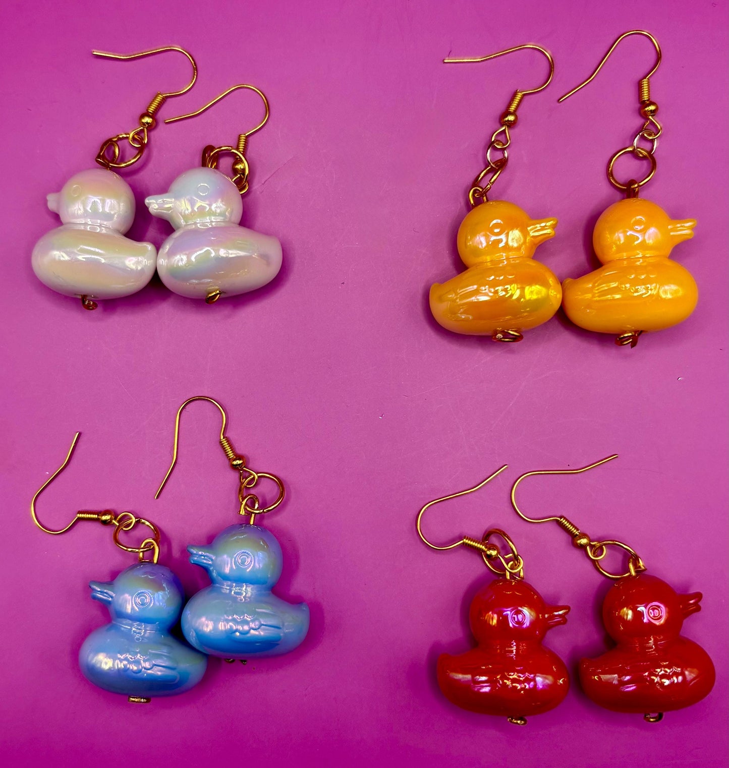 Large rubber duck earrings, dangly drop earrings Red blue green yellow resin fun novelty
