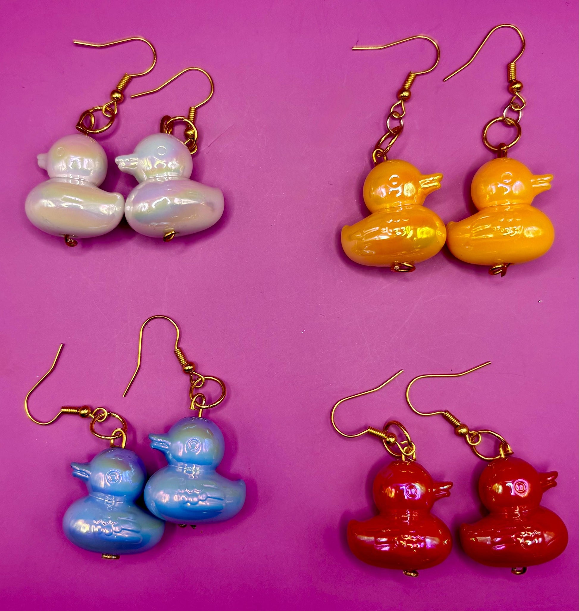 Large rubber duck earrings, dangly drop earrings Red blue green yellow resin fun novelty