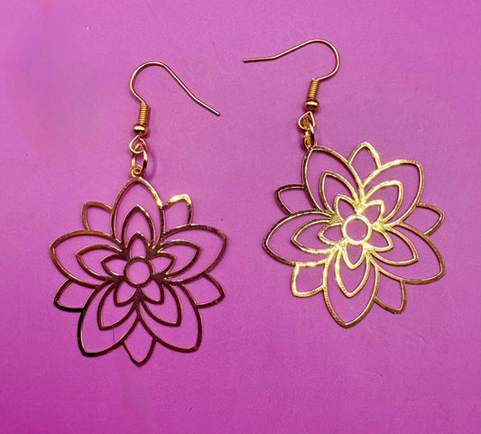 Elegant gold look flower dangly earrings featuring a stunning pearly center, perfect for adding a touch of sophistication to any outfit or as a beautiful gift for jewelry lovers.