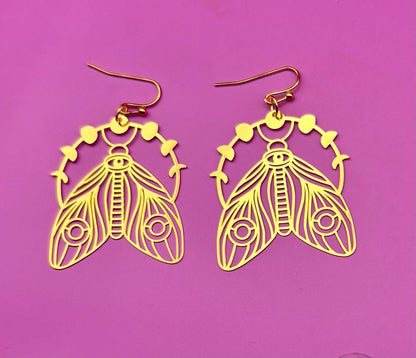Moth dangly earrings- colour gold