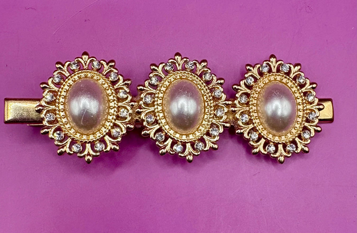 gold oval pearl style rhinestone statement hair clip large 8cm long