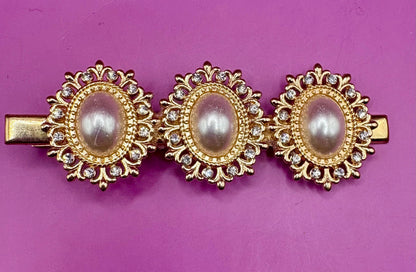 gold oval pearl style rhinestone statement hair clip large 8cm long