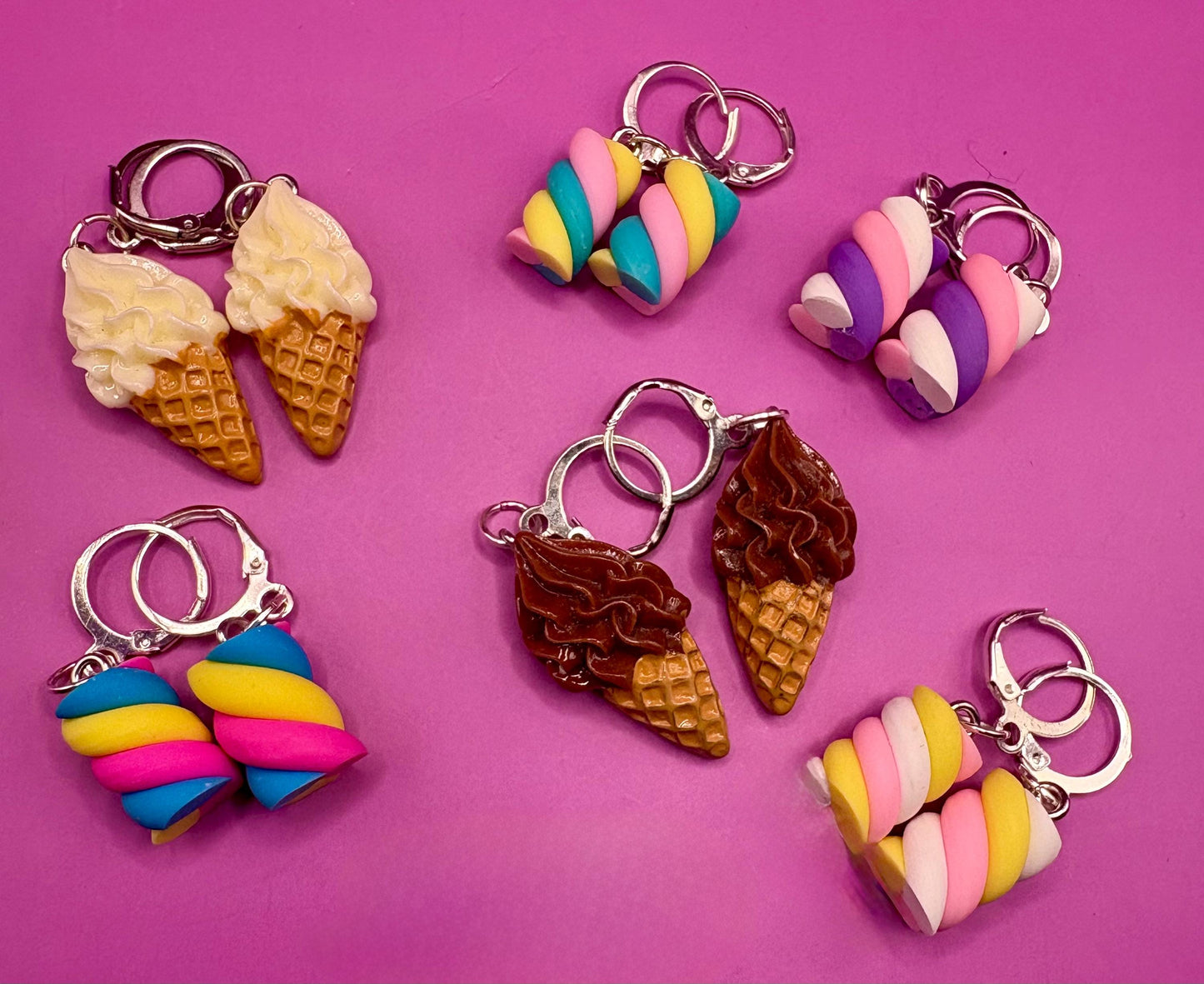 Novelty earrings, dangly drop earrings. Choose from ice cream flumps marshmallow. Resin cartoon style. costume jewellery earrings