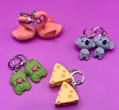 Novelty earrings, dangly drop earrings. Choose from Cheese koala flamingo frog. Resin cartoon style. costume jewellery earrings