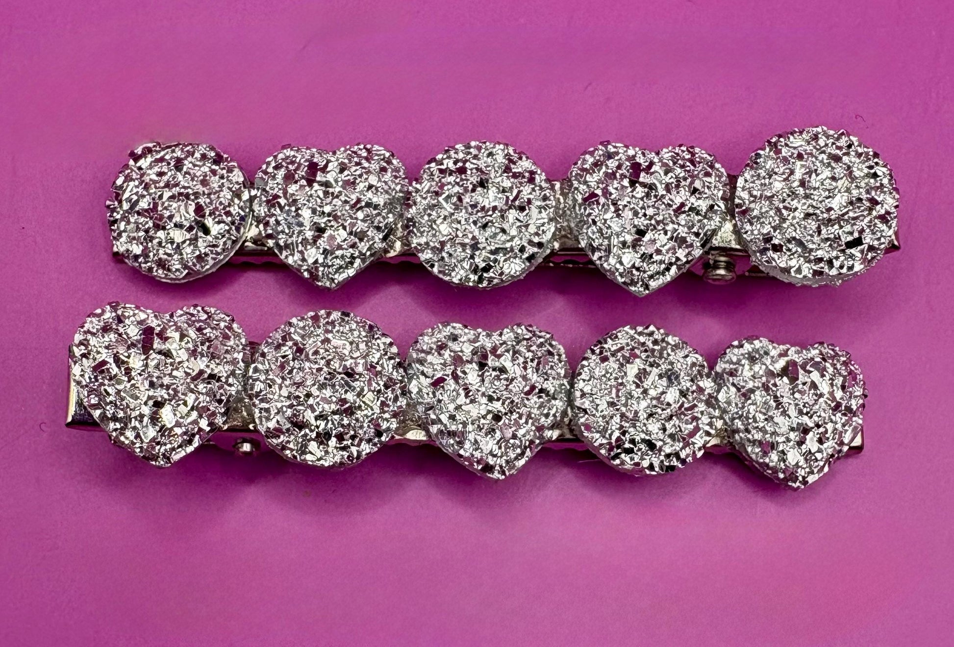 Heart, circular glitter sparkly small hair slides sliver fashion hair clip Christmas 6cm. Sold as pairs