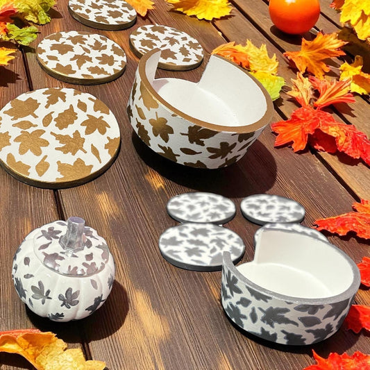 autumn autumnal dishes, coaster, pumpkin pots handmade and hand painted gold silver seasonal decor decorations