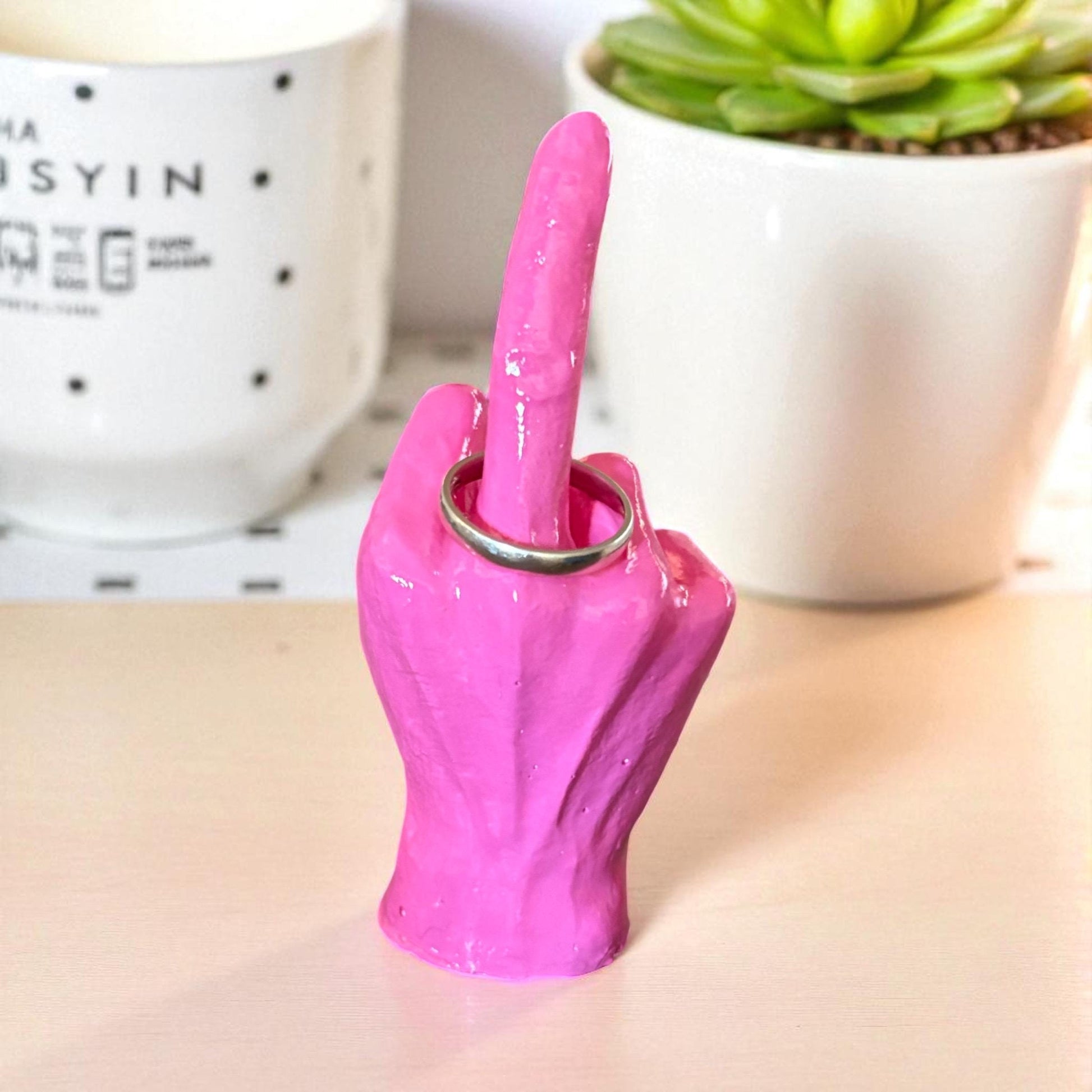 Handmade Pink Ring Holder Ornament Bold Middle Finger Design offensive