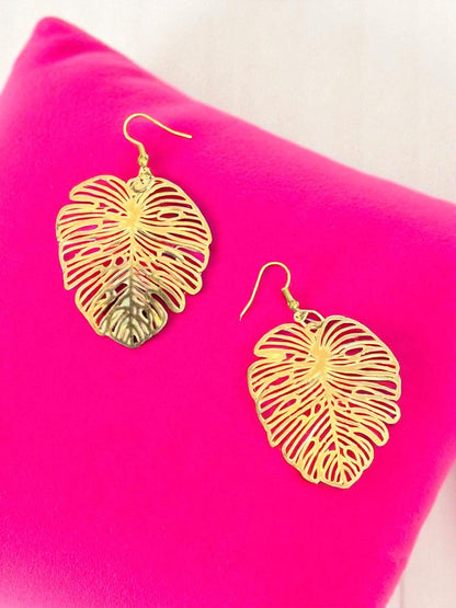 Tropical Gold Monstera Leaf Earrings – Boho Statement Jewelry