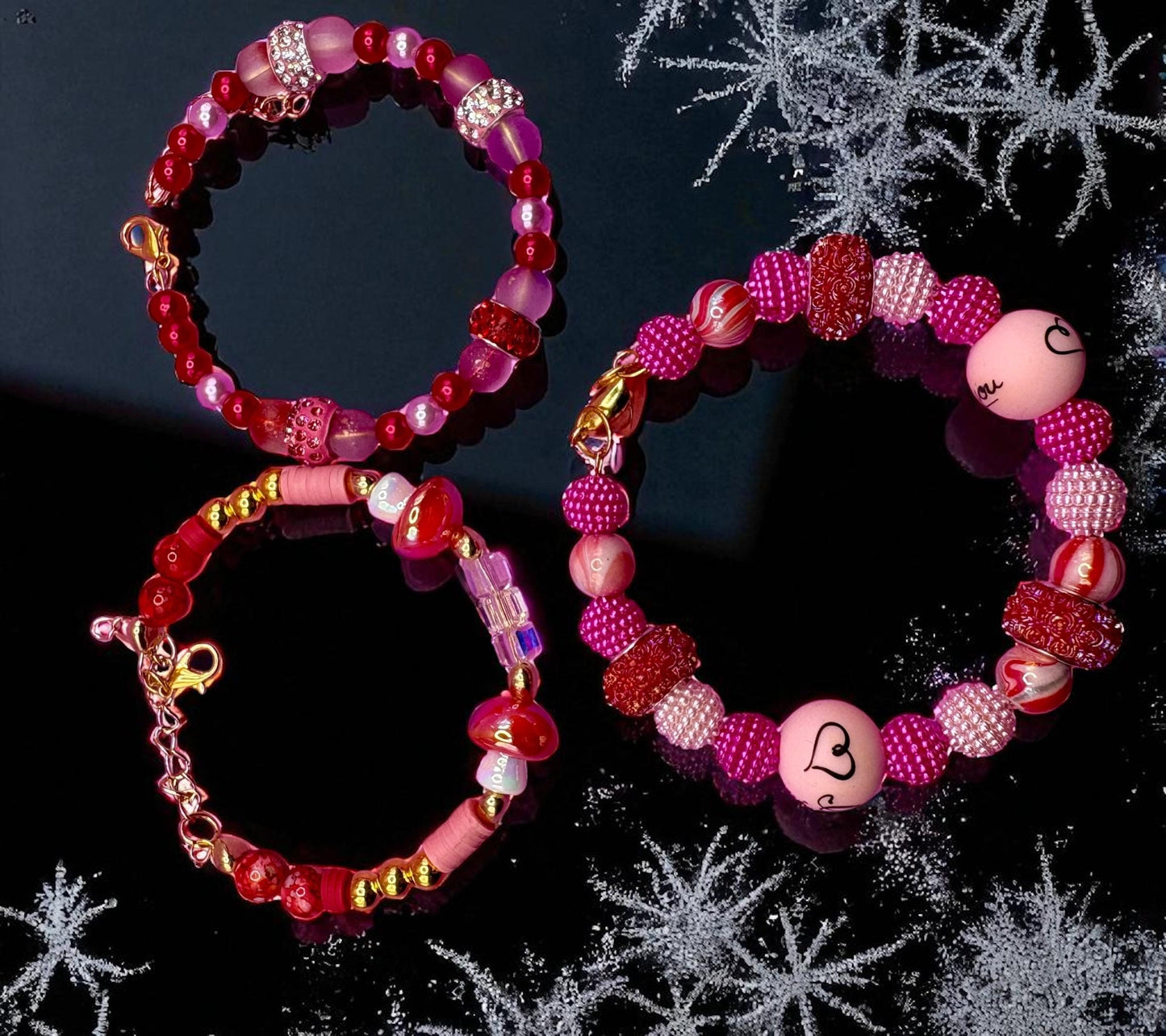 handmade beaded charm bracelets stacks pink edition- toadstools love hearts I love you magnetic closing friendship girlfriend wife for her