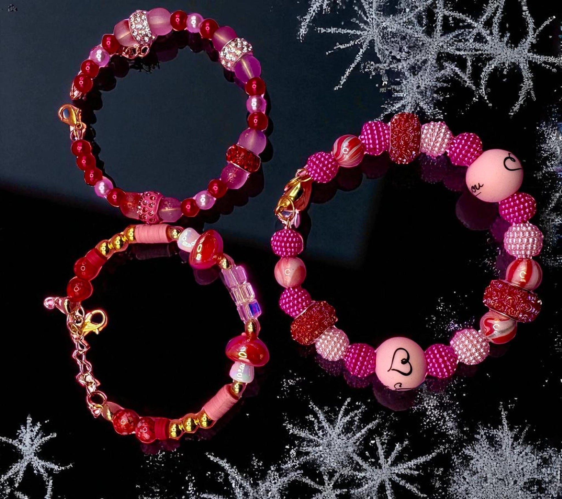 handmade beaded charm bracelets stacks pink edition- toadstools love hearts I love you magnetic closing friendship girlfriend wife for her