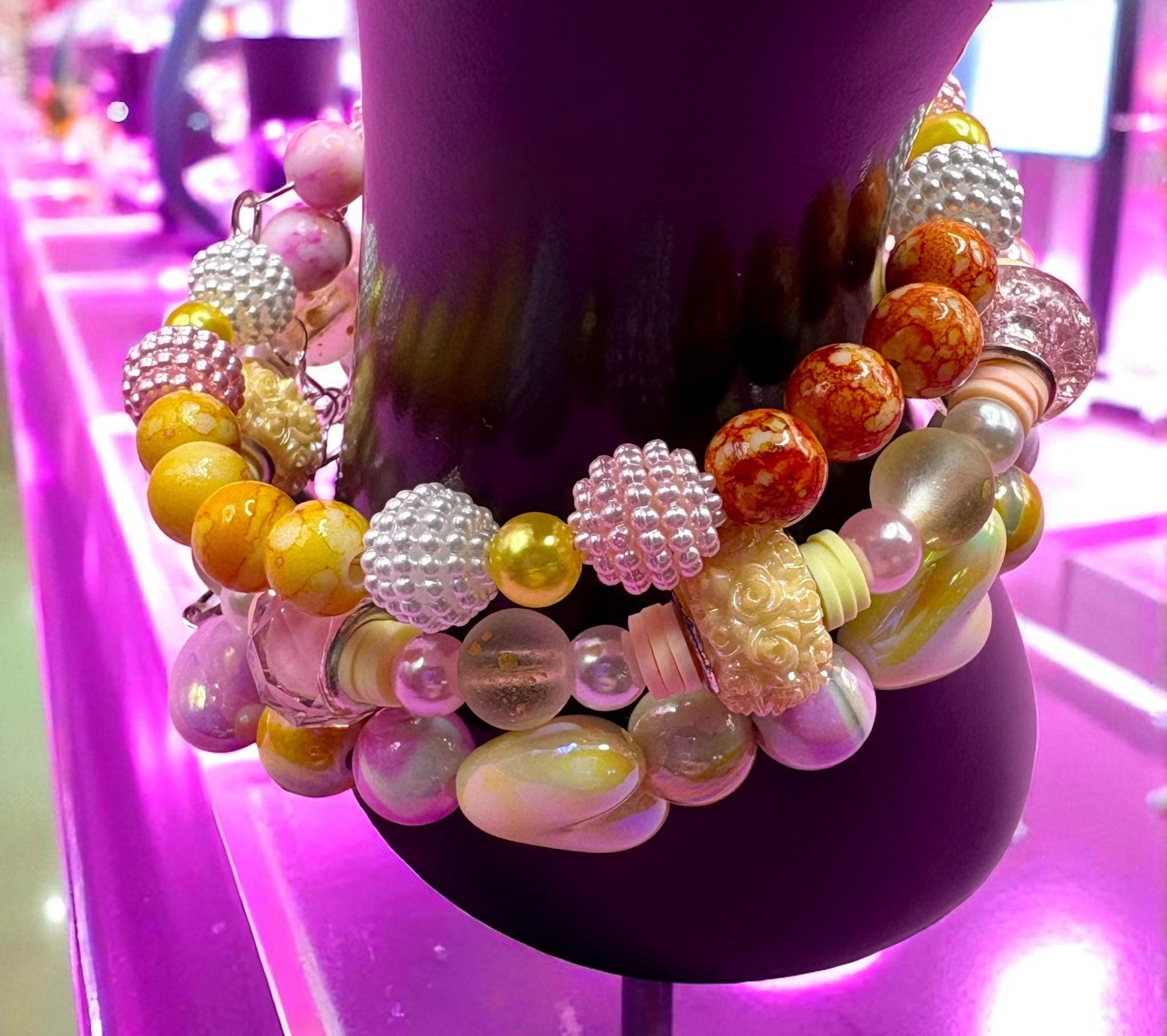 handmade beaded charm bracelets stacks spring edition- love hearts pastel memory wire magnetic closing friendship girlfriend wife for her