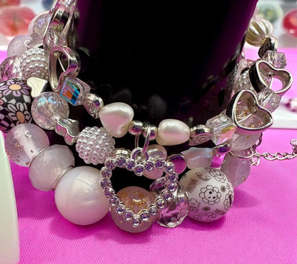 handmade beaded charm bracelets stacks white and silver edition- silver hearts flower floral