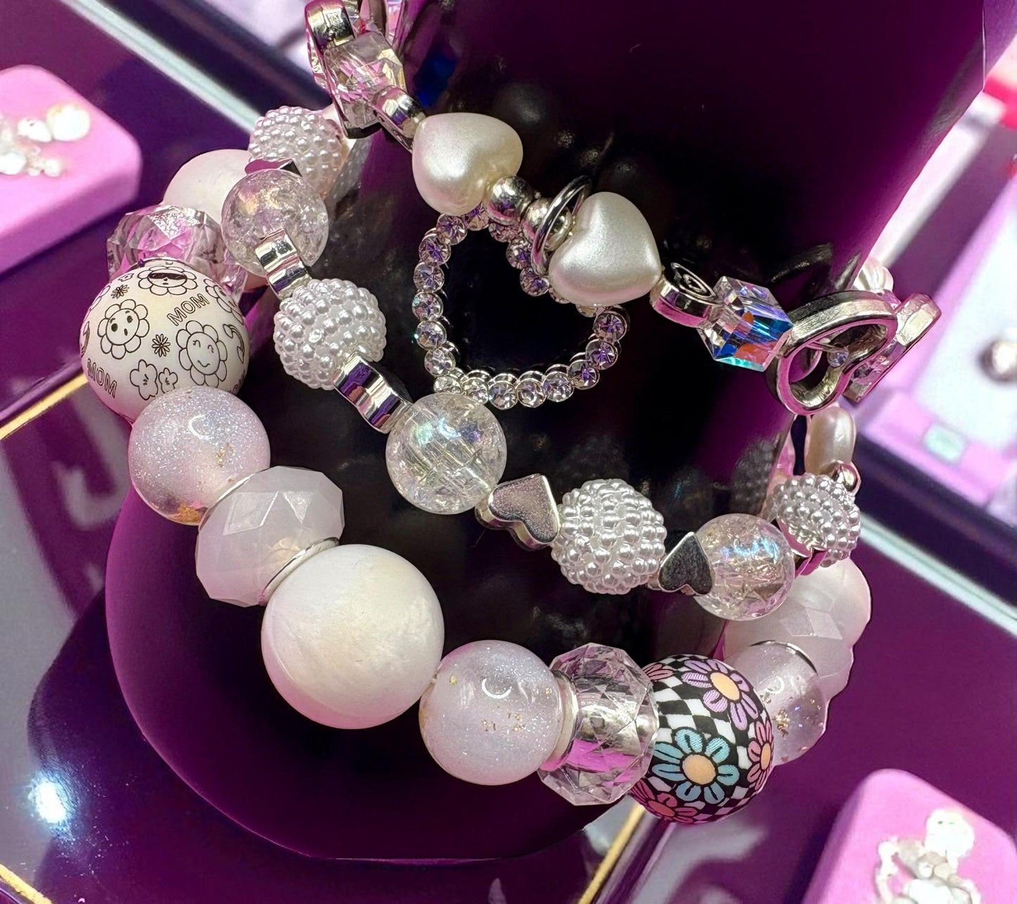 handmade beaded charm bracelets stacks white and silver edition- silver hearts flower floral