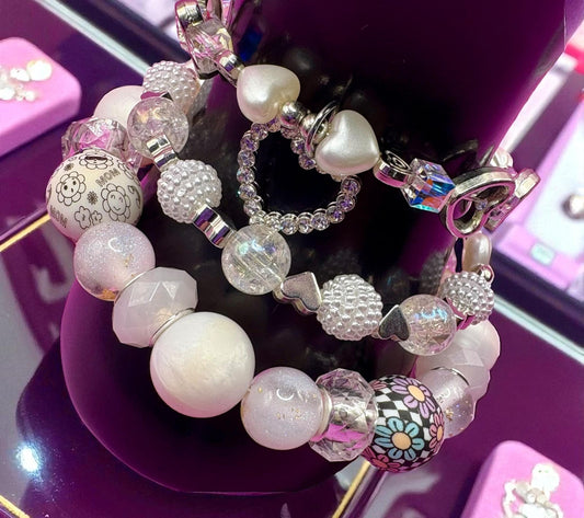 handmade beaded charm bracelets stacks white and silver edition- silver hearts flower floral