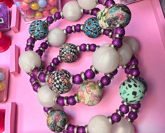 Beaded Stretch Bracelet | Handmade Boho Jewelry | Bold Playful Beaded Wrap Bracelet purple silver