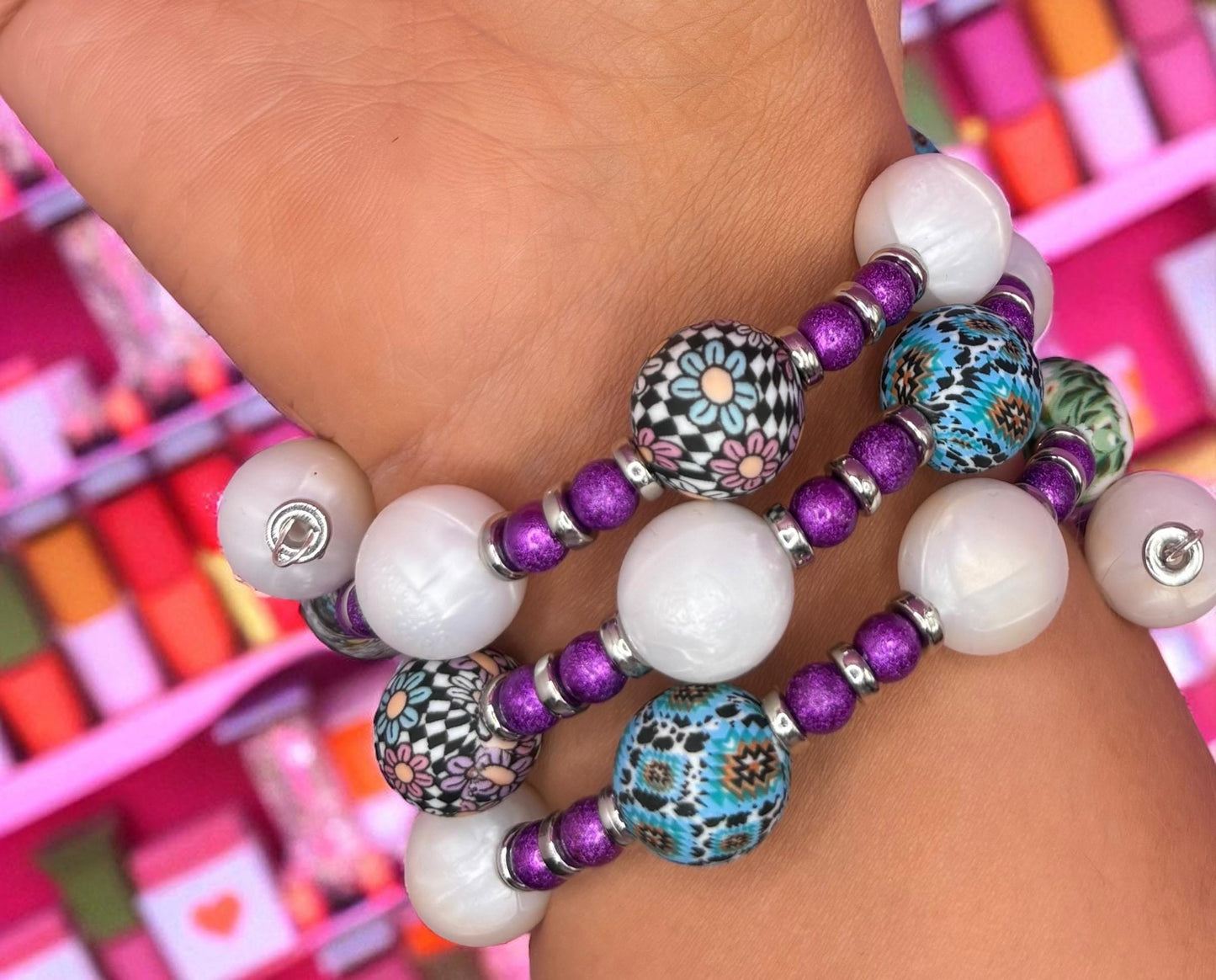 Beaded Stretch Bracelet | Handmade Boho Jewelry | Bold Playful Beaded Wrap Bracelet purple silver