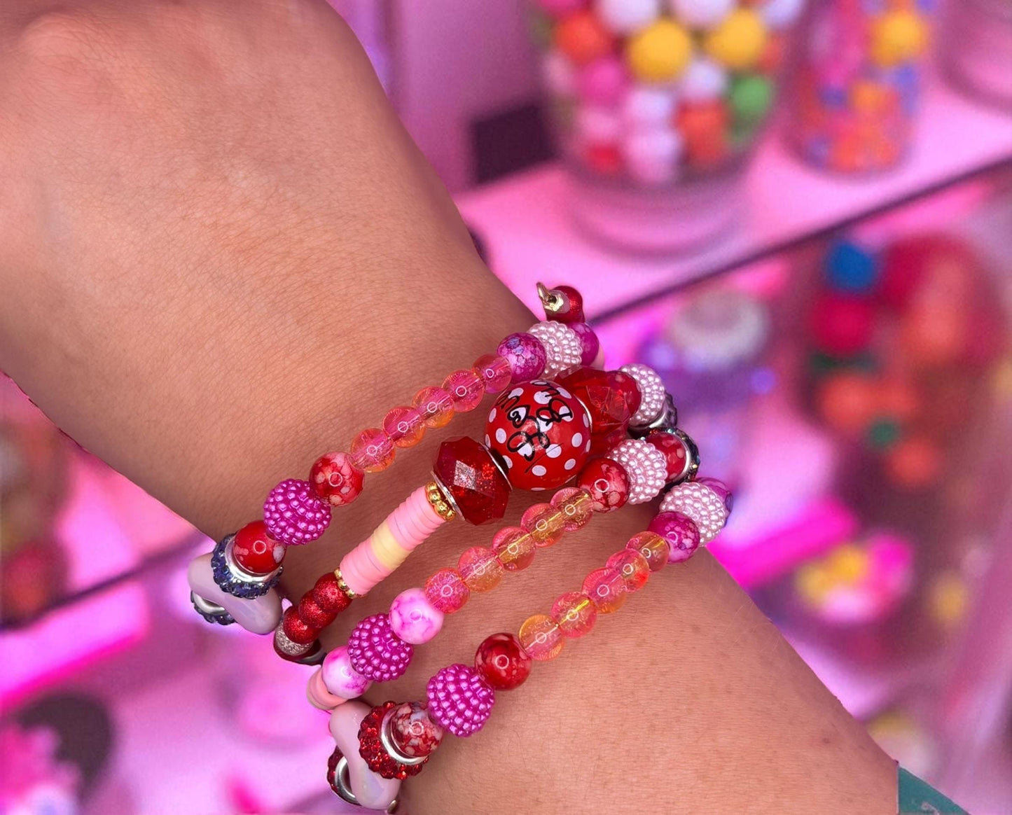 Beaded Stretch Bracelet Set – Pink, Red, and White Charm Jewelry – Statement Arm Candy Women Teens
