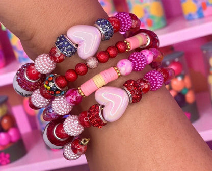 Beaded Stretch Bracelet Set – Pink, Red, and White Charm Jewelry – Statement Arm Candy Women Teens