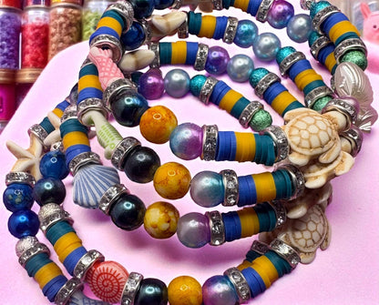 handmade beaded charm wraparound bracelet Ocean Inspired Bracelets – Coastal Summer colourful sea turtles