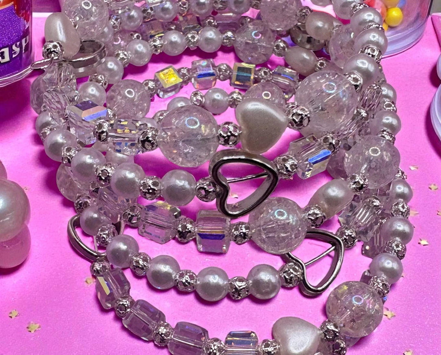 pearlescent Beaded Stretch Bracelet Iridescent Glass, Faux Pearls Silver Accents stretch bracelet