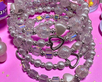 pearlescent Beaded Stretch Bracelet Iridescent Glass, Faux Pearls Silver Accents stretch bracelet