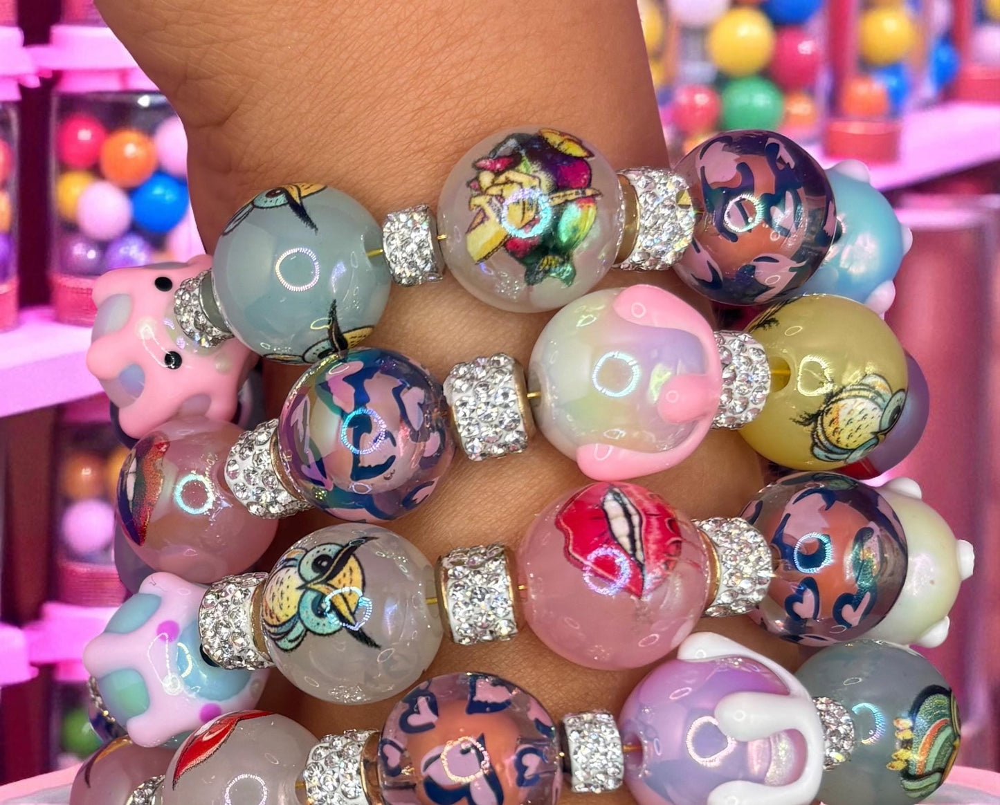 Wraparound Handmade Stretch Bracelet colourful cartoon pudding owls and lips fun Jewelry, handmade