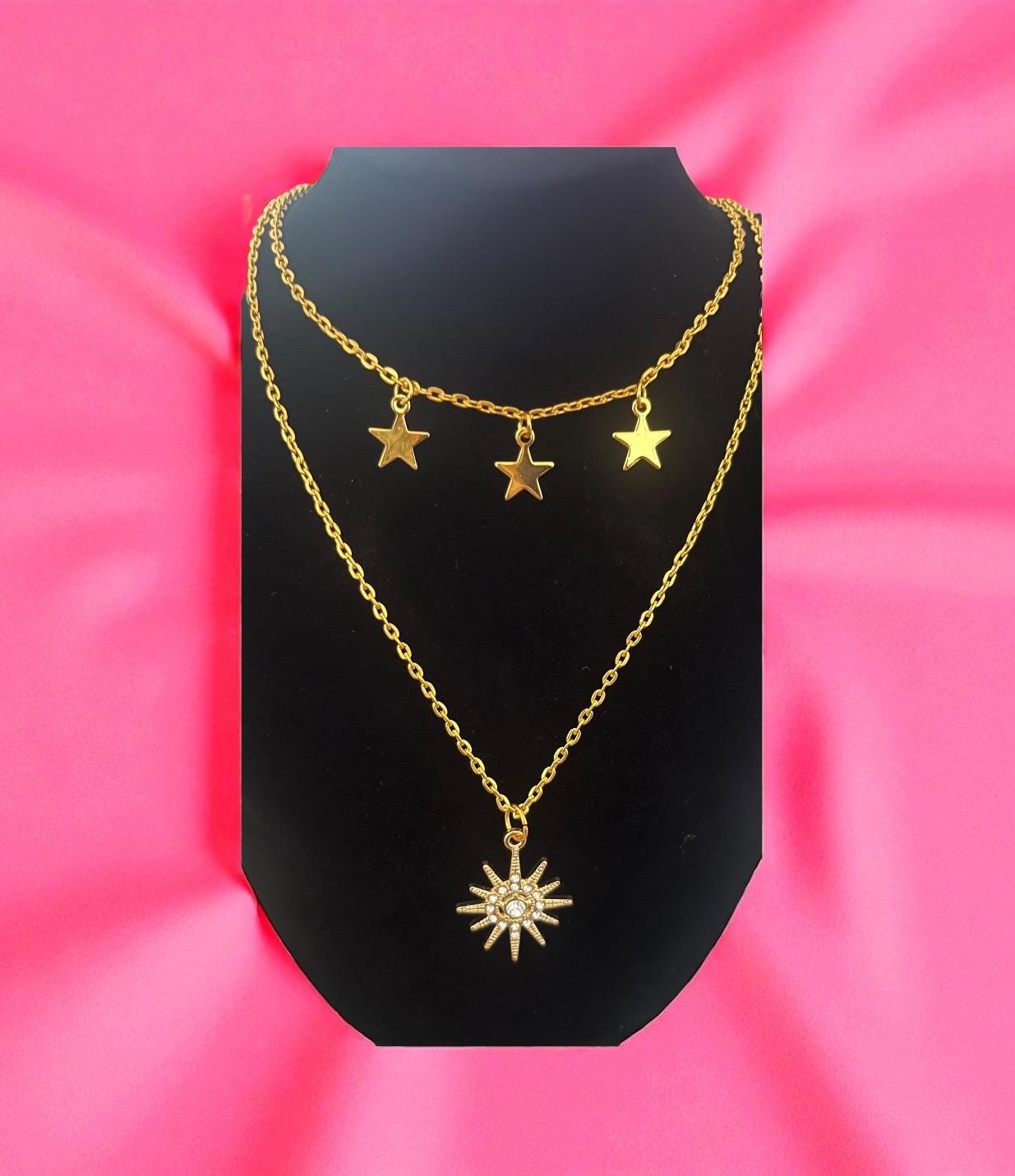Gold necklace set. two necklaces included. stars diamante stars thin chain bling fashion necklaces