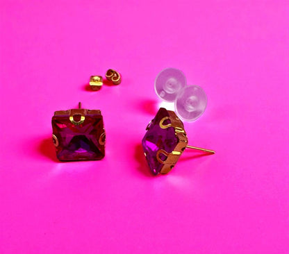 Bold Fuchsia Square Stud Earrings | Vintage-Inspired Crystal Earrings |Gift for Her