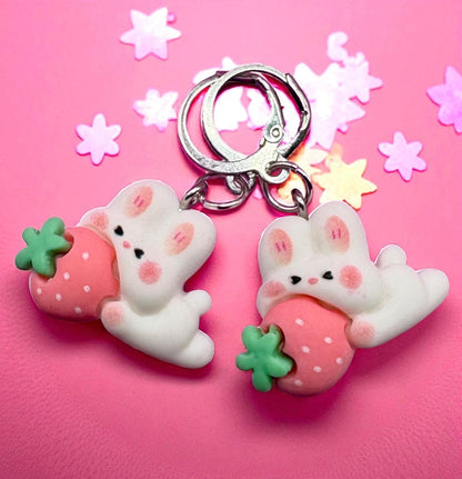Bunny rabbit earrings strawberry drop earrings. available in multiple styles. Kids teen adult animal cartoon style. novelty costume jeweller