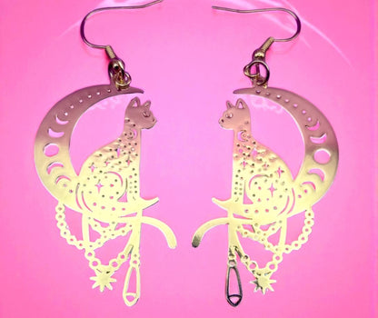 Cat on the Moon Earrings |Unique Gift for Cat Lovers available in gold and silver