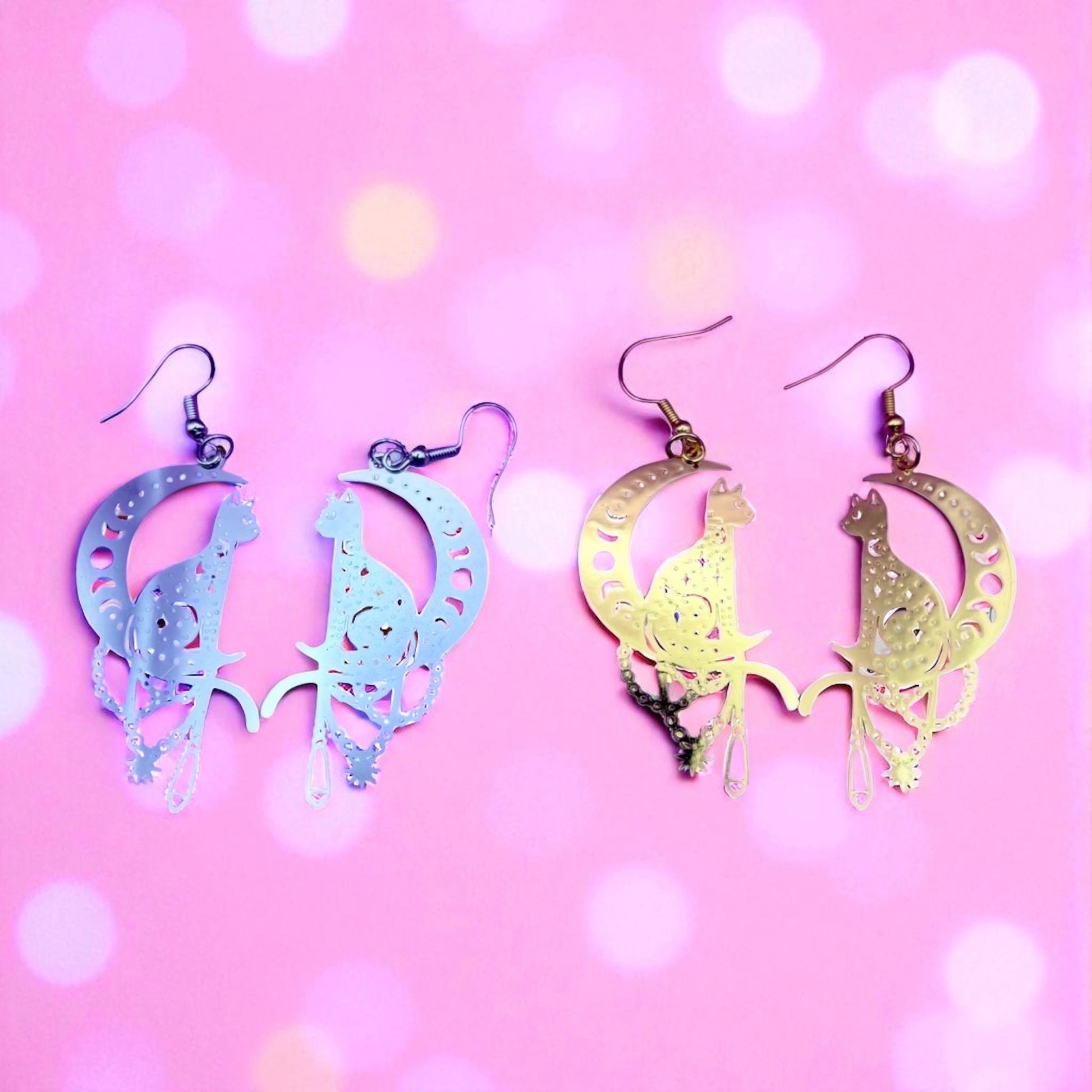 Cat on the Moon Earrings |Unique Gift for Cat Lovers available in gold and silver