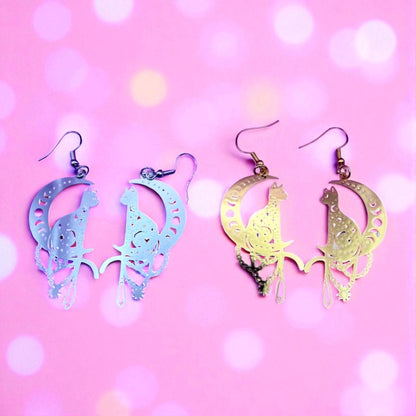 Cat on the Moon Earrings |Unique Gift for Cat Lovers available in gold and silver