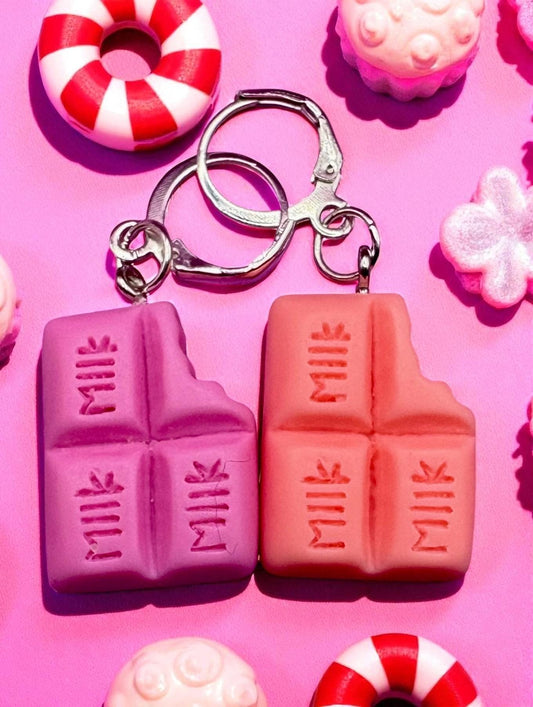 Chocolate earrings, dangly drop earrings. available in multiple colours. pink blue brown purple. cartoon style. novelty costume jewellery