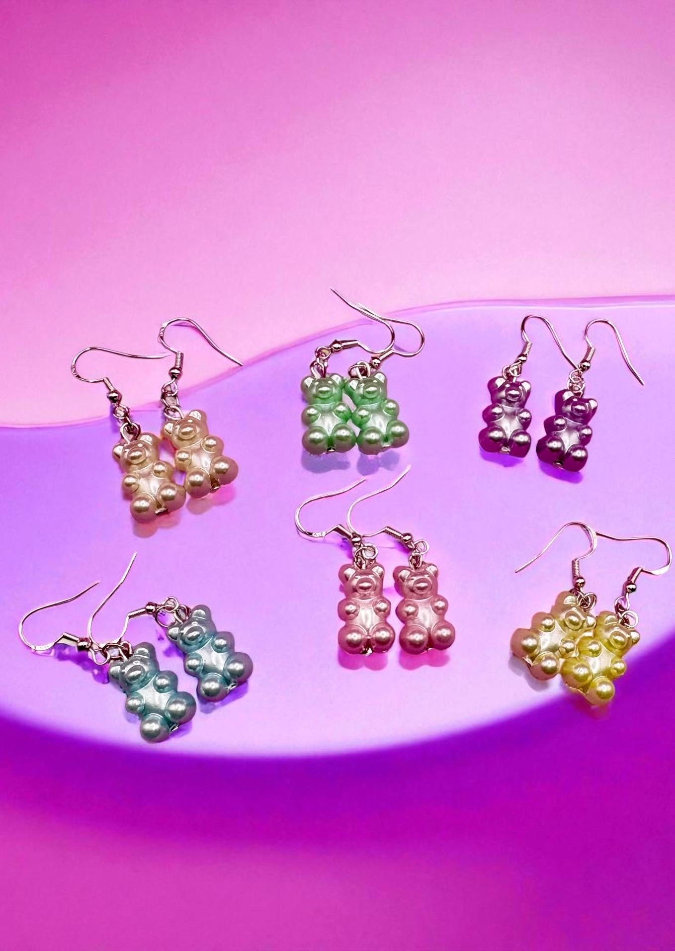 Gummy bear earrings shiny holographic resin fun. novelty costume jewellery