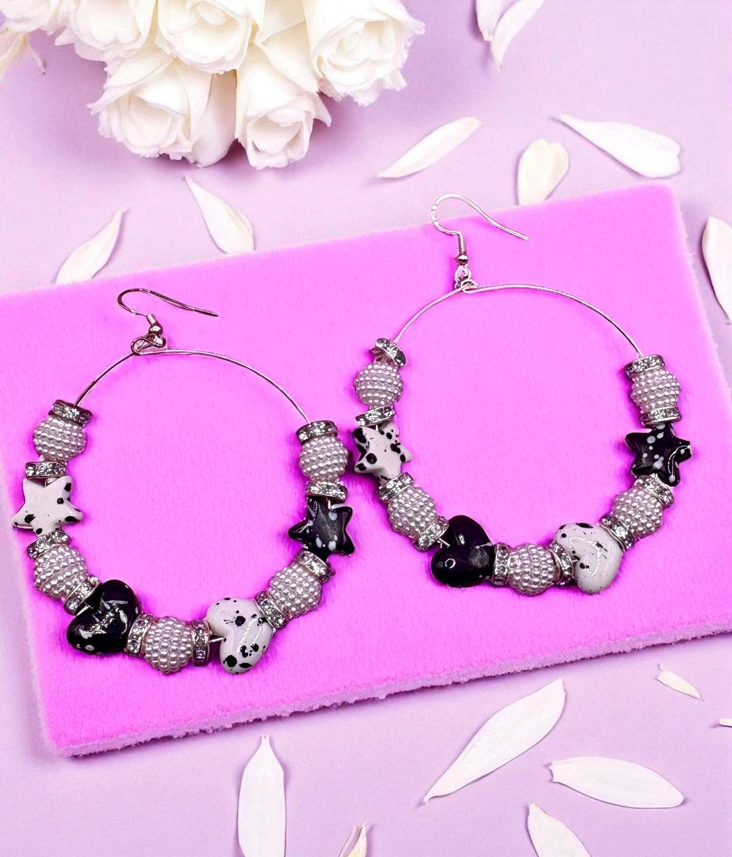Handmade beaded hoop earrings- black white silver heart and star large hoops clay beads marble beads spacers unique festival earrings