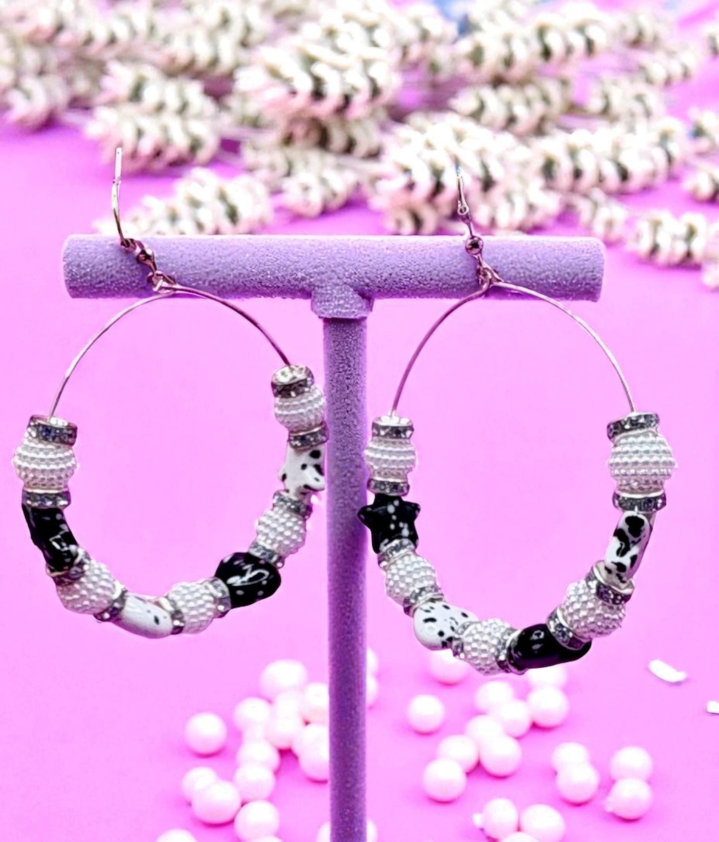 Handmade beaded hoop earrings- black white silver heart and star large hoops clay beads marble beads spacers unique festival earrings